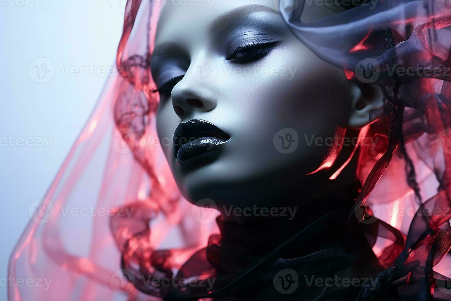 Fashion portrait of a young model girl in bright neon colors on a dark background.Generative AI photo