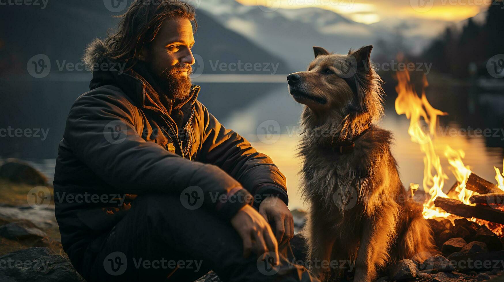 Brutal Man sitting by the fire in the evening with his favorite dog against the backdrop of a mountain lake at sunset.Generative AI photo