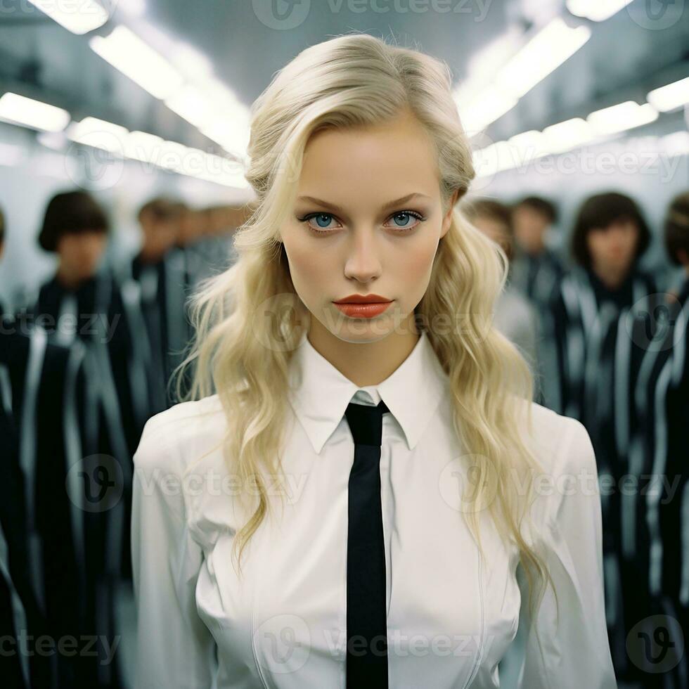 Beautiful young blonde girl in white shirt and black tie, posing.Generative AI photo