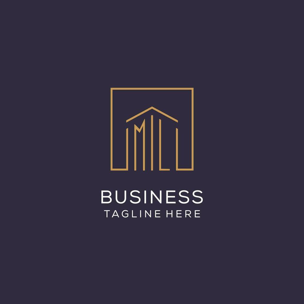 Initial ML logo with square lines, luxury and elegant real estate logo design vector