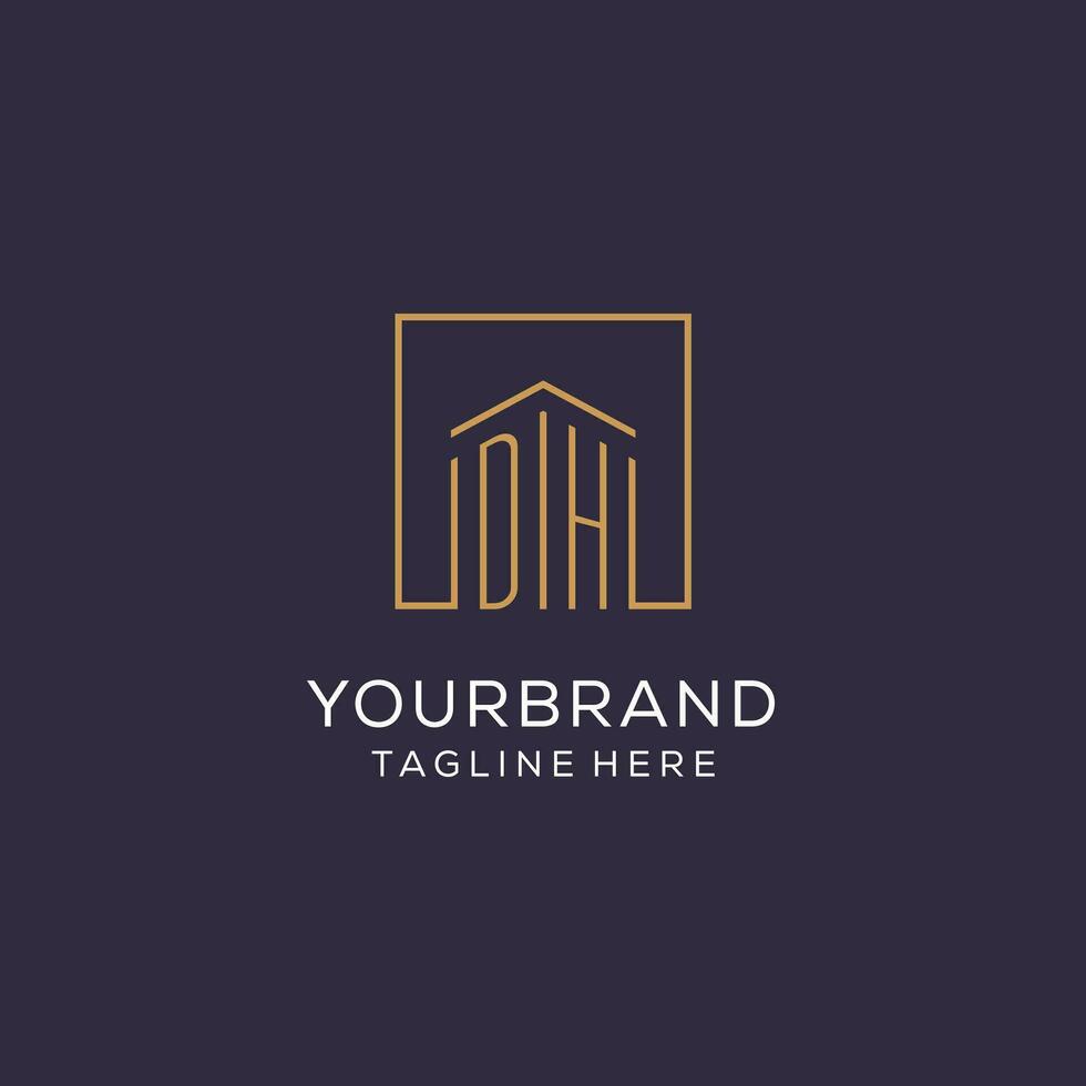 Initial DH logo with square lines, luxury and elegant real estate logo design vector
