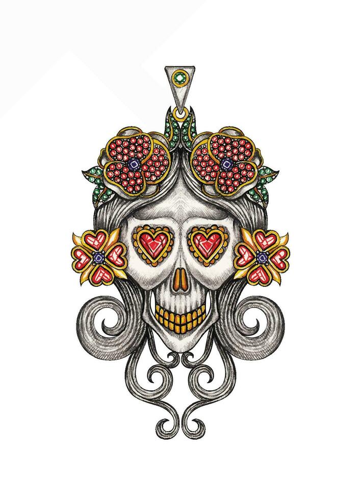 Jewelry design fancy skull pendant hand drawing and painting make graphic vector. vector