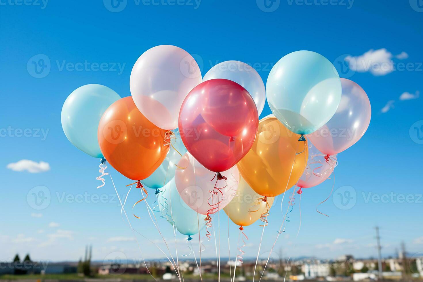 Multicolored balloons on the background of blue sky.Generative AI photo