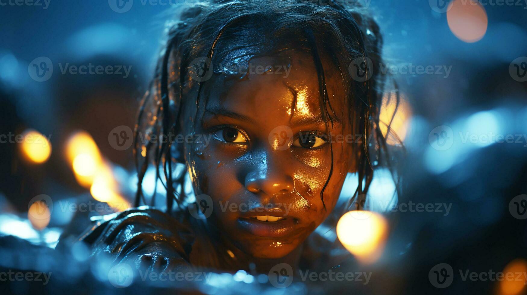 Hungary Ugandan children , Kilembe district as background, wrestling with spirit focus on eyes, fluid art, water splashes.Generative AI photo