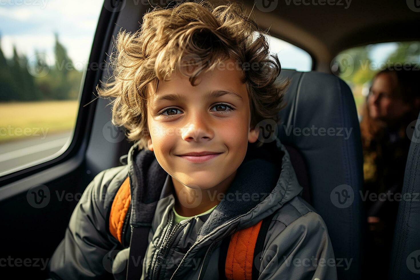 A boy of ten smiles in the interior of a car driving on the way to school.Generative AI photo