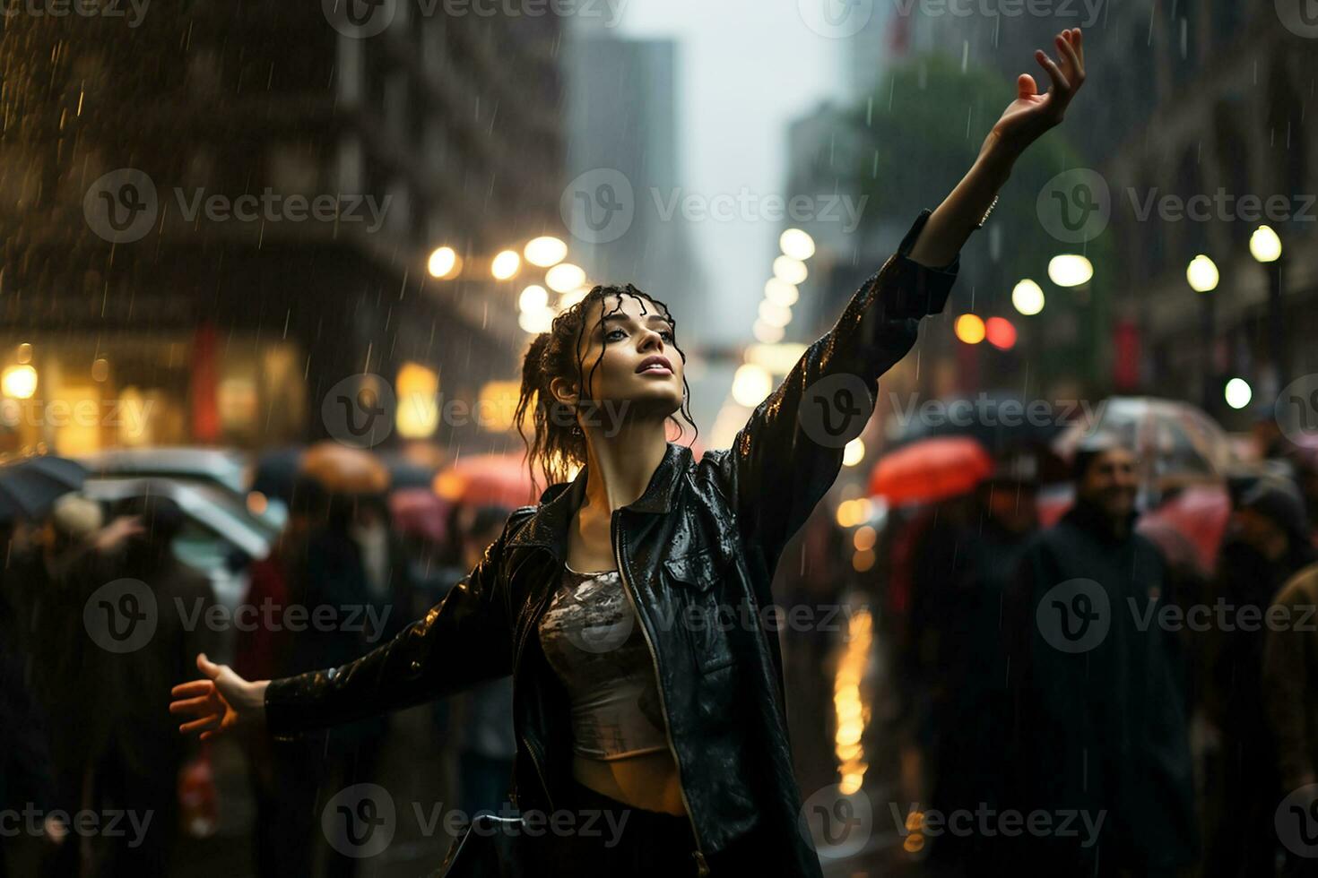 Ballerina dancing in the rain on the street of the evening city.Generative AI photo