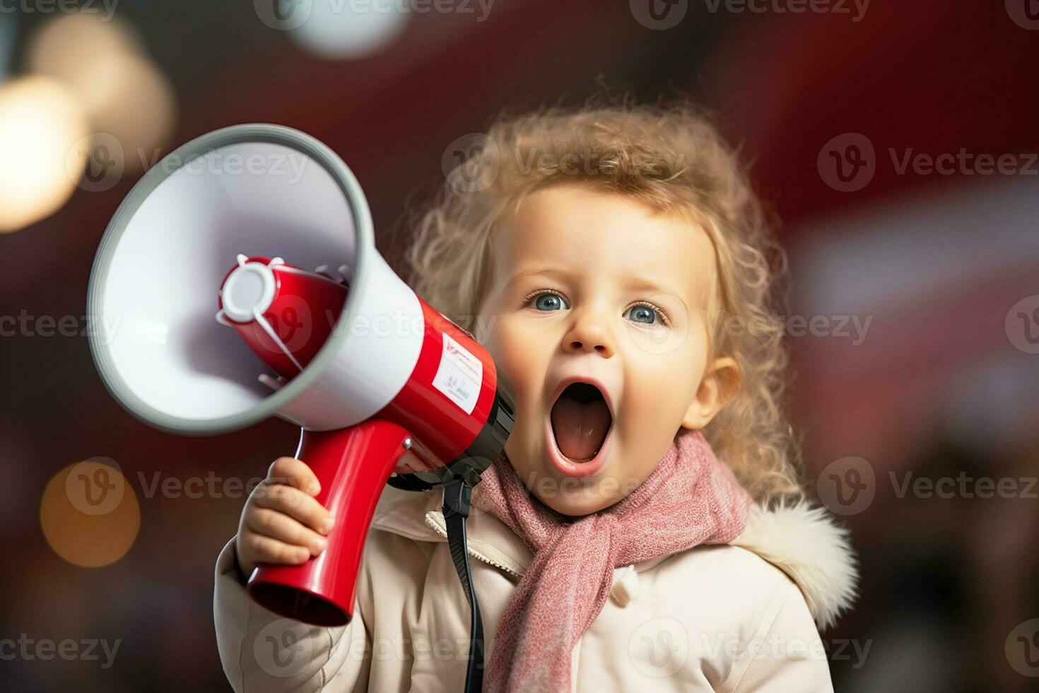 A little girl screams into a loudspeaker in the street.Generative AI photo