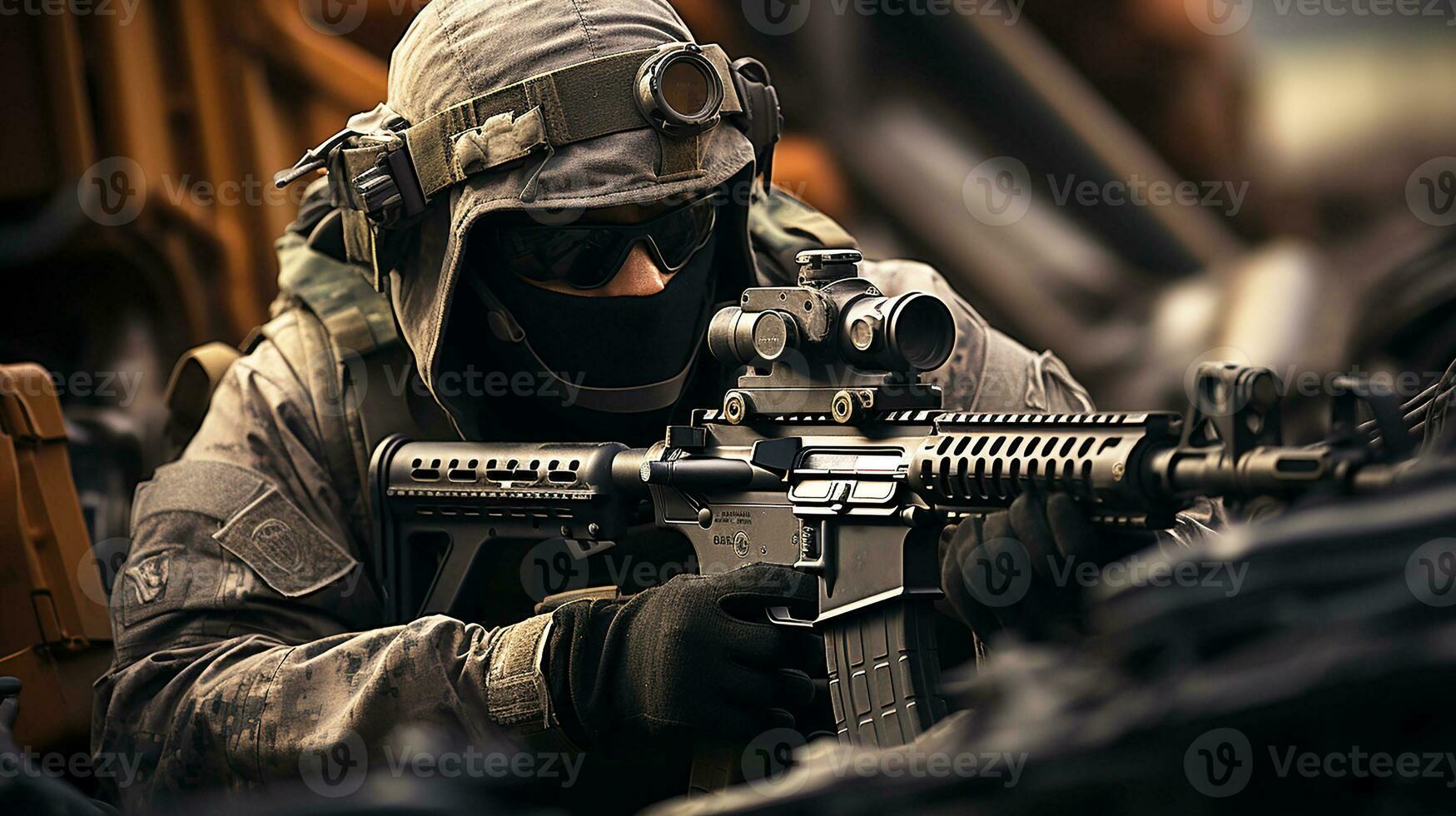 A sniper on the roof of a house, sniper rifle.Generative AI photo