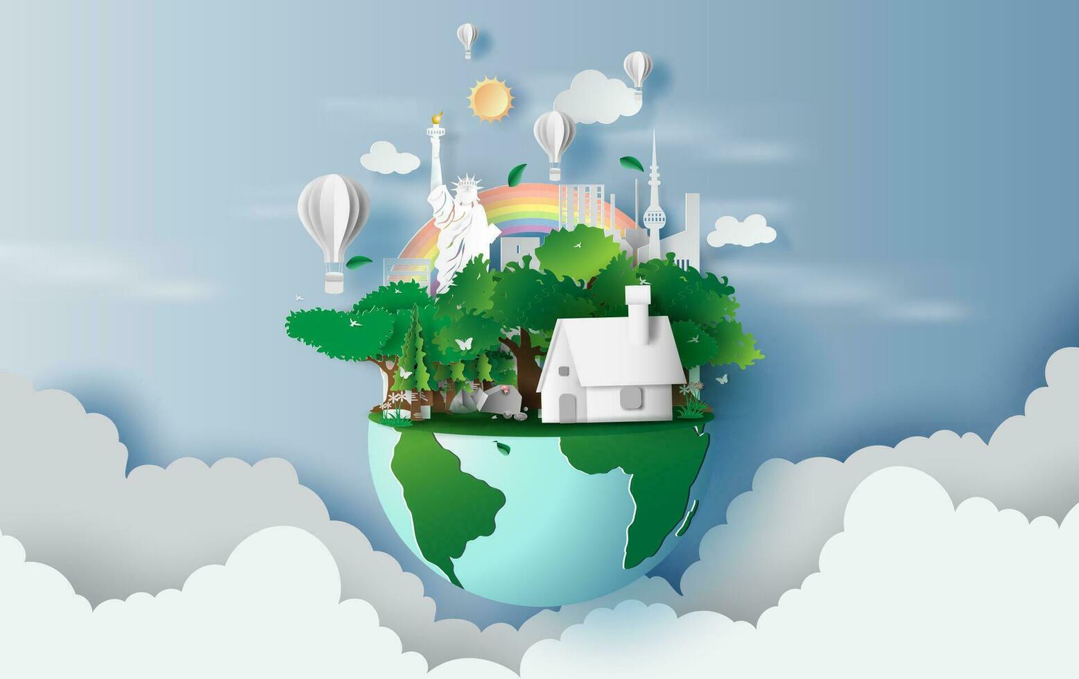 ilustración de casas en verde bosque, creativo diseño mundo ambiente y tierra día concepto idea.paisaje ciudad vida en verde naturaleza planta por zona nuevo York ciudad.papel cortar y artesanía.globo.vector vector