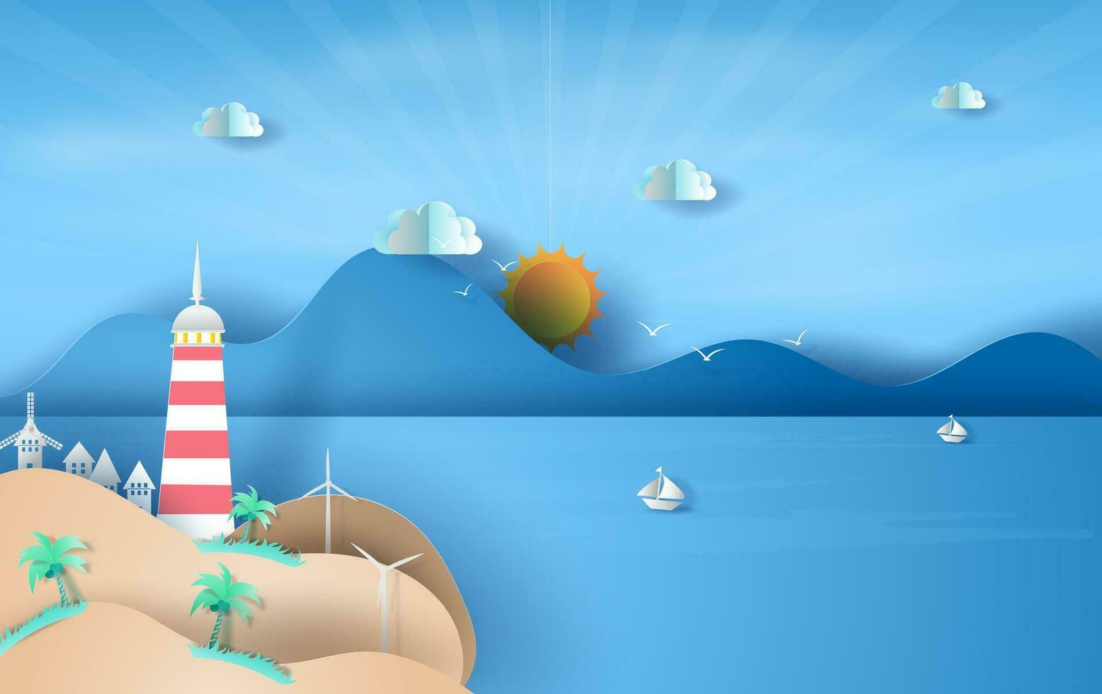 ilustración de isla con faro en mar ver luz de sol azul cielo, verano hora temporada concepto, barco flotante en el mar en azul cielo.gráfico diseño playa paisaje, papel arte y cortar idea, vector. vector