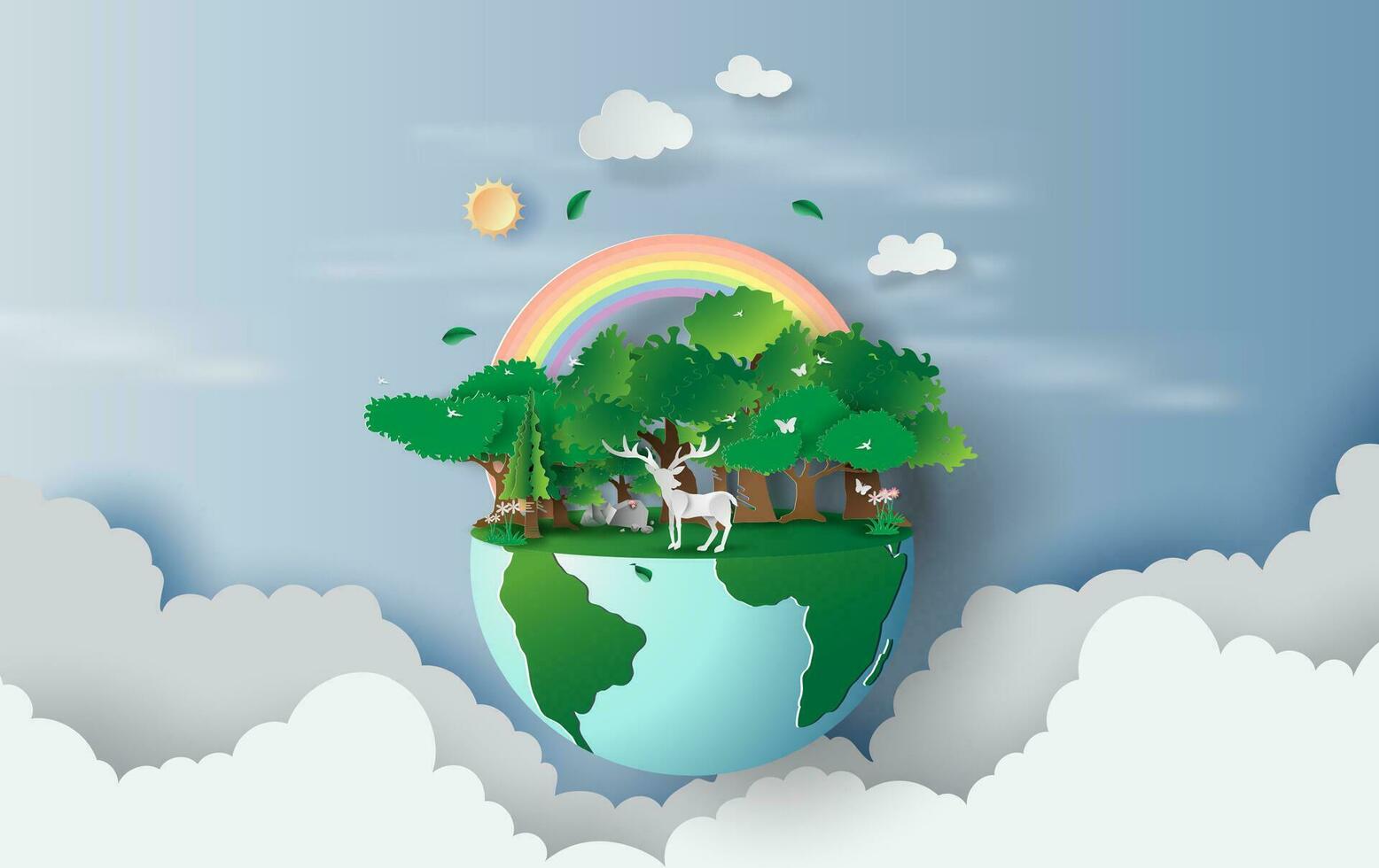 3D illustration of reindeer in green trees forest,Creative design world environment and earth day concept idea.landscape Wildlife with Deer in green nature plant by rainbow.paper cut and craft.vector vector