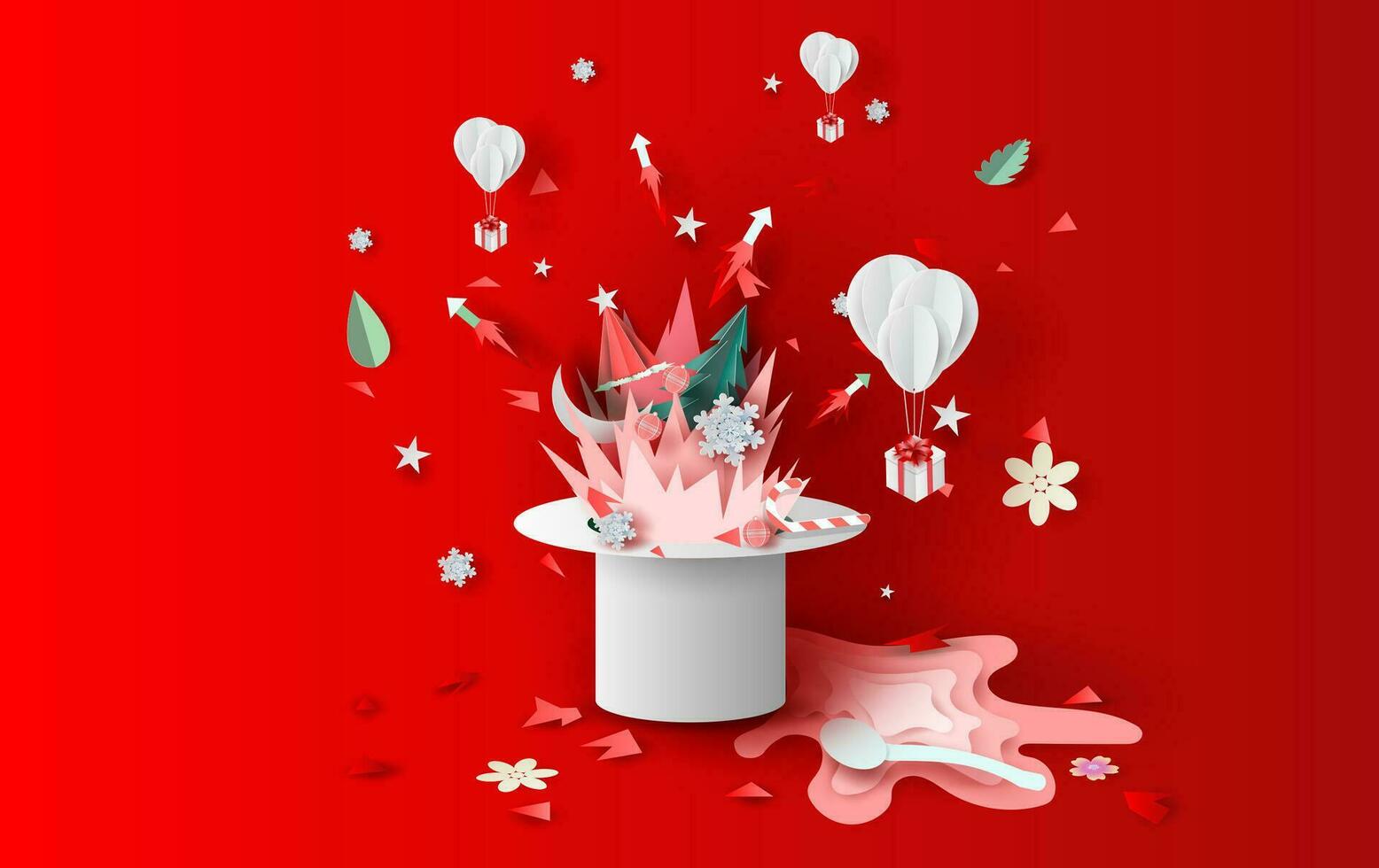 ilustración Arte de hoguera y fuegos artificiales Arte decoraciones en Navidad con sombrero concepto.creativo diseño papel cortar y arte para festival fiesta fiesta invierno temporada.grafico rojo idea vacaciones vector. vector