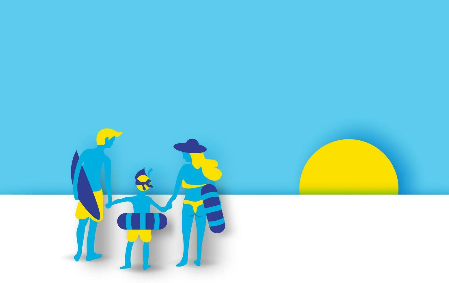 Rear view Young family and son having fun at the beach is going to swimming.People diving in rubber ring walking.Modern colorful pastel vector. illustration paper cut and craft in flat cartoon style. vector