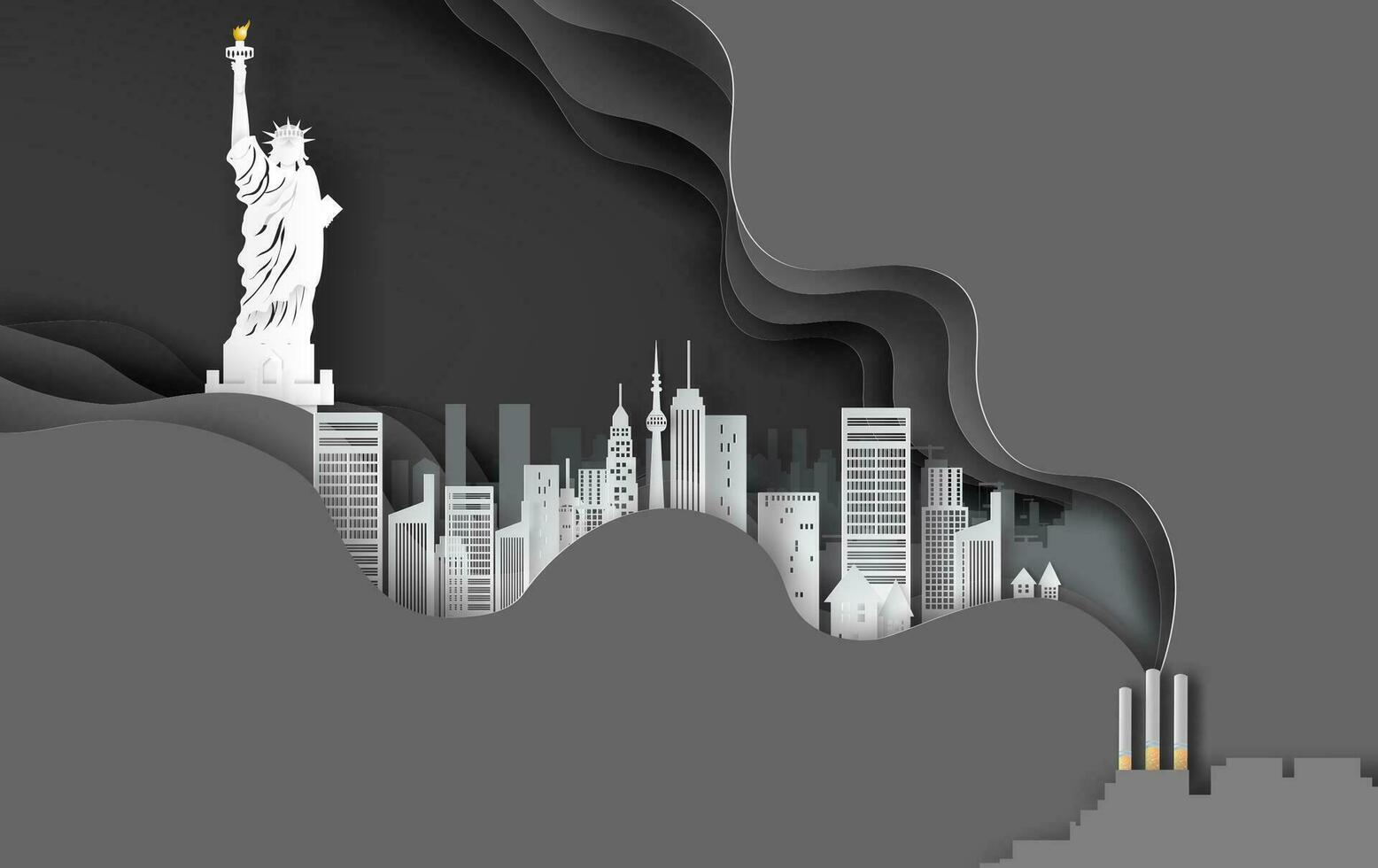 papel arte y Arte de cigarrillo con paisaje urbano concepto.resumen curva ola capa negro fondo,arquitectura en nuevo York EE.UU. creativo diseño de fumar idea color simple.papel corte.ilustracion.vector vector