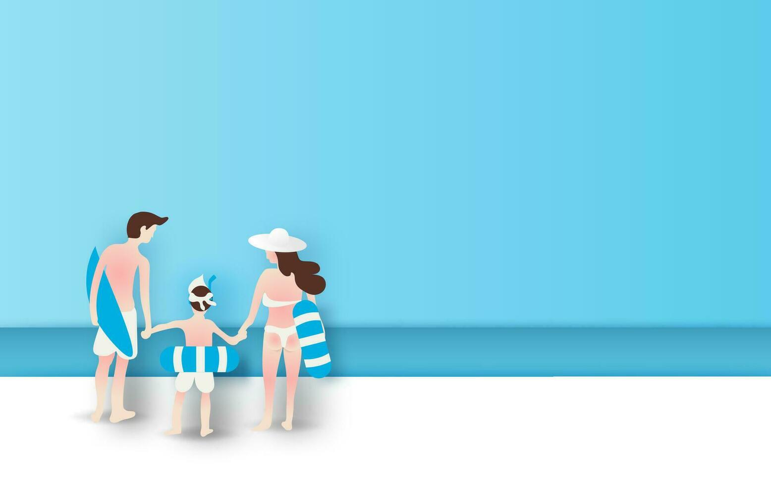 3D illustration of Rear view Young family having Happy fun on the beach.People diving in rubber ring.Modern colorful pastel. Summertime on sea view paper cut and craft concept. Flat cartoon.vector. vector