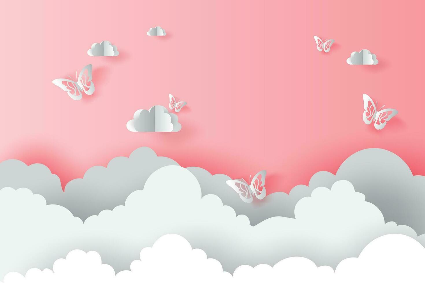 ilustración papel Arte nube con mariposas en rosado enamorado concepto.mariposa volador en el cielo.creativo diseño papel cortar y arte estilo origami nublado y cielo para paisaje.pastel color.vector vector