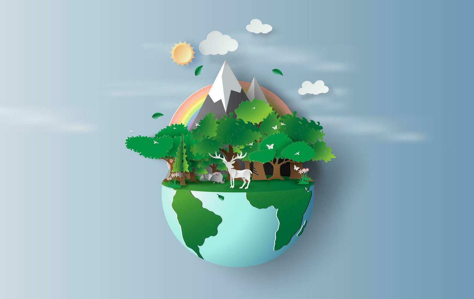 illustration of reindeer in green trees forest,Creative Origami design world environment and earth day concept idea.landscape Wildlife with Deer in green nature plant by rainbow pastel.paper cut,craft vector