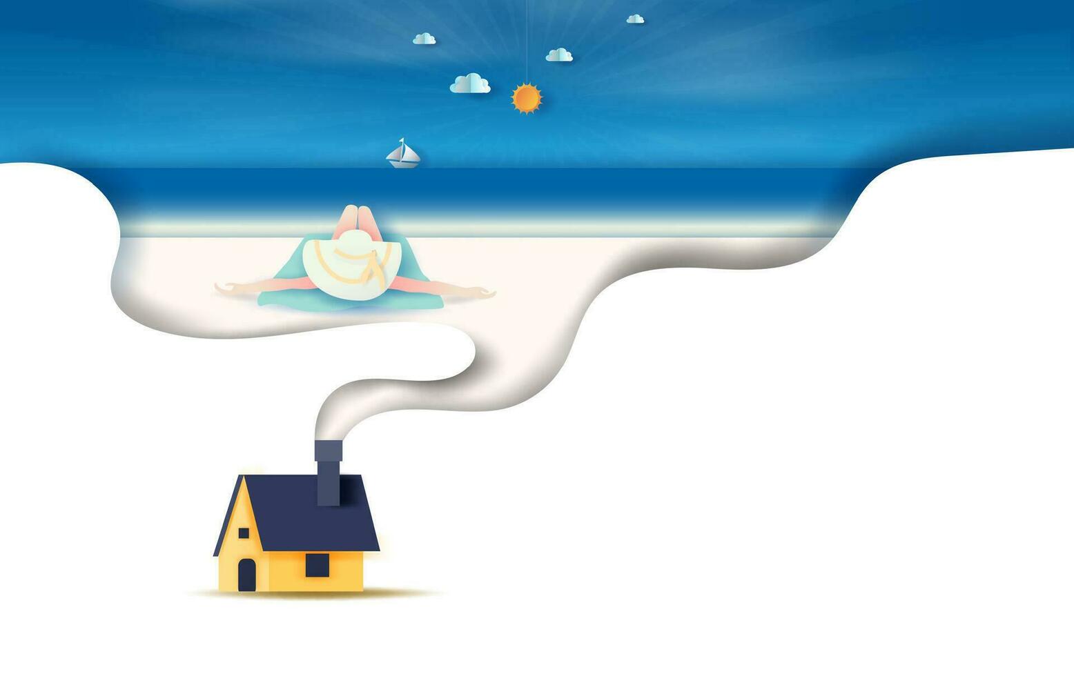 illustration of Rear view young women sexy wearing yellow hat and bikini  sunbathing relaxing sleep on tropical Beach.House with a smoking chimney concept.Summertime design paper cut and craft.vector vector