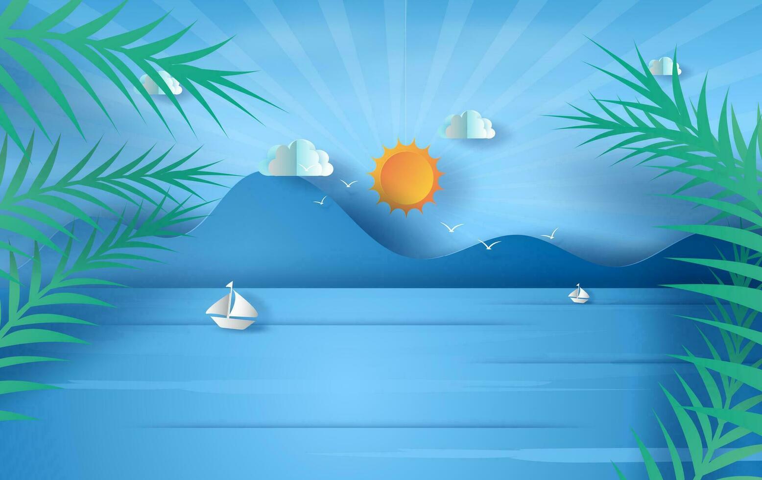 3d ilustración de árbol rama hojas en mar ver luz de sol azul cielo, verano hora temporada concepto, barco flotante en el mar en azul cielo.gráfico diseño playa paisaje, papel arte y cortar idea, vector. vector