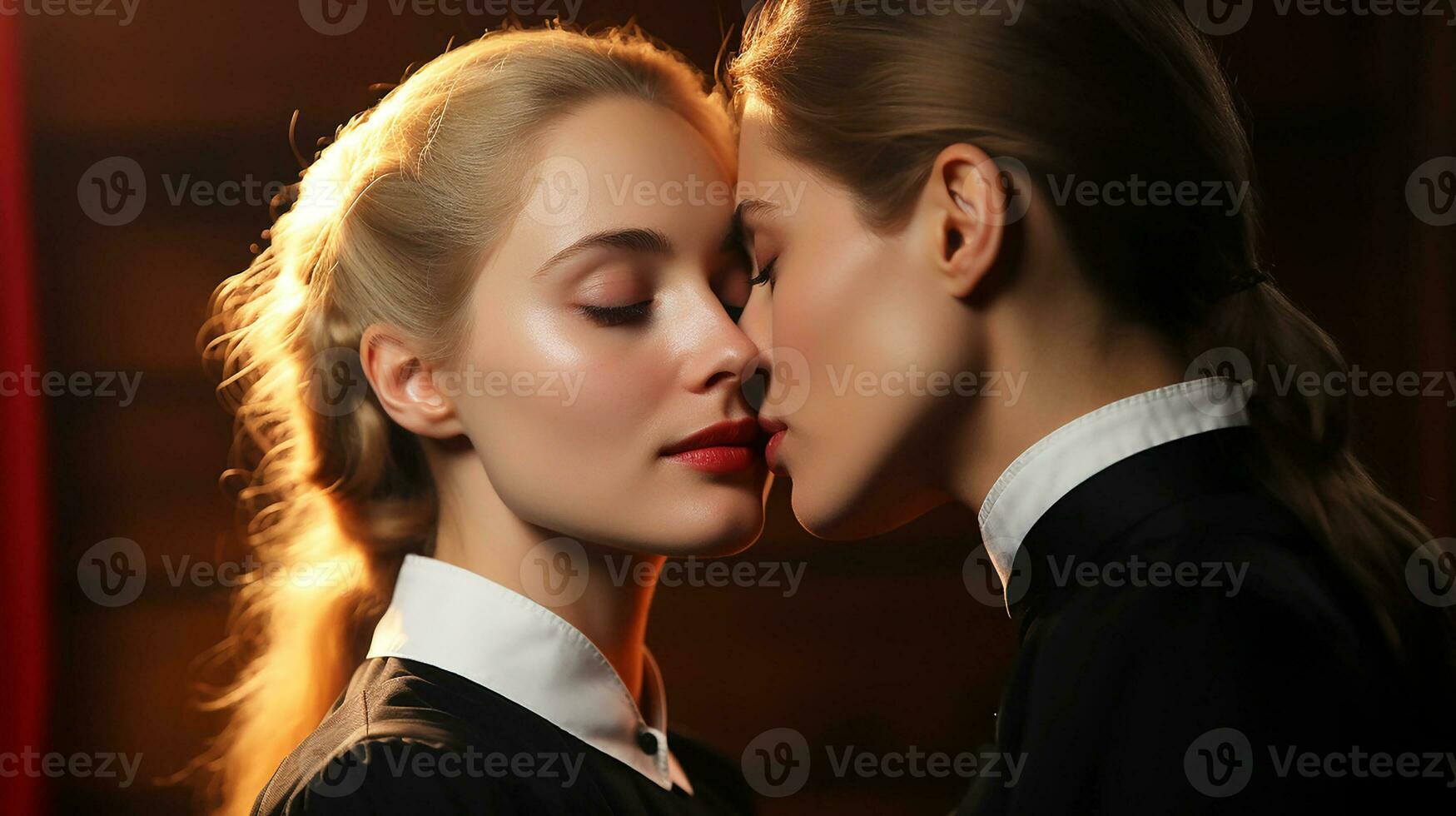 Two young lesbians kiss each other tenderly. married lesbian couple.Generative AI photo