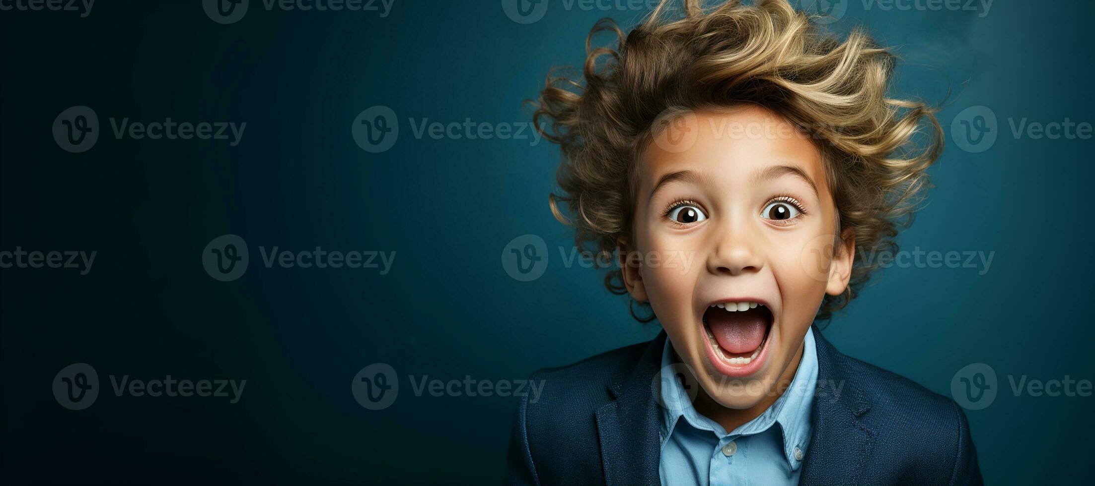 Little boy exited smiling on blue background.Generative AI photo