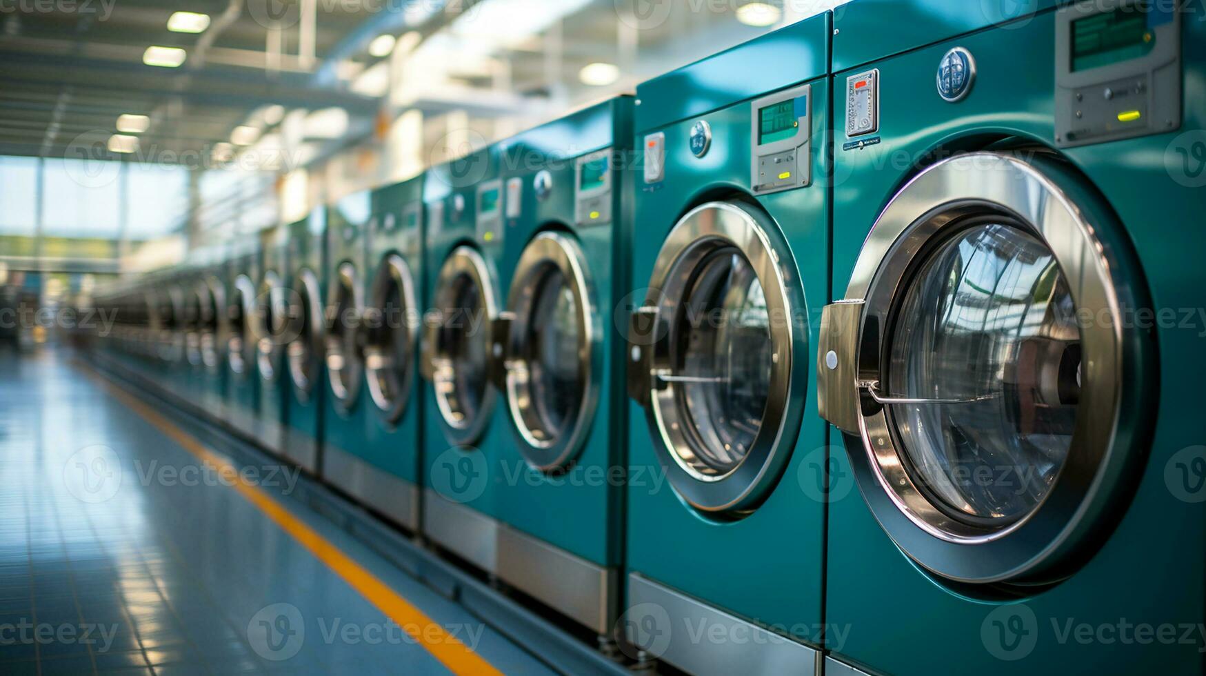 row of modern and clean washing machines in laundromat.Generative AI photo