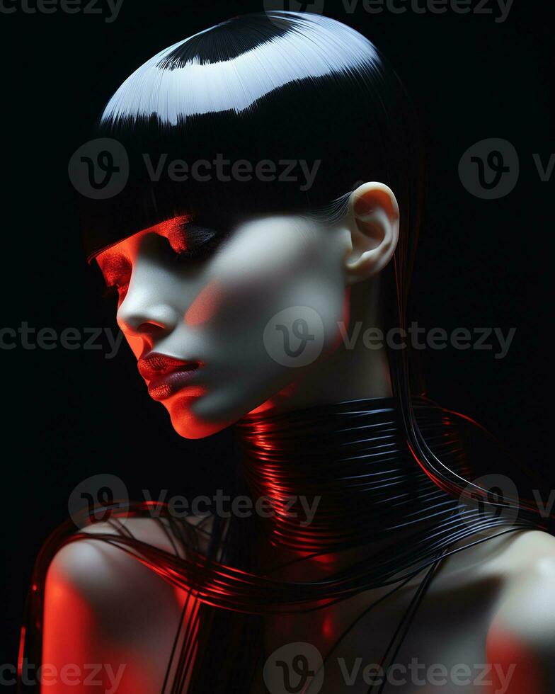 Fashion portrait of a young model girl in bright neon colors on a dark background.Generative AI photo