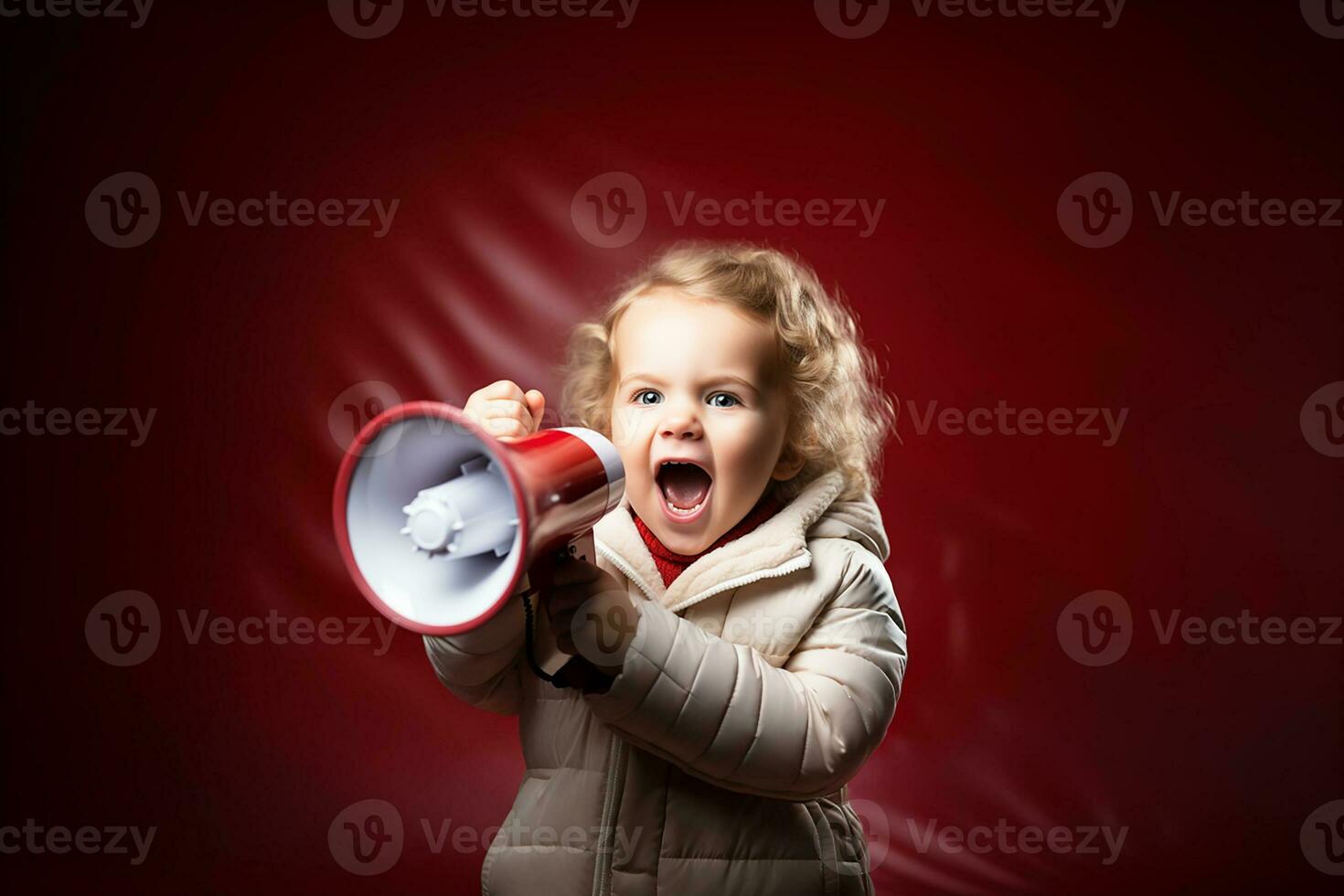 Little girl screaming into loudspeaker, isolated on red background. Copy space.Generative AI photo
