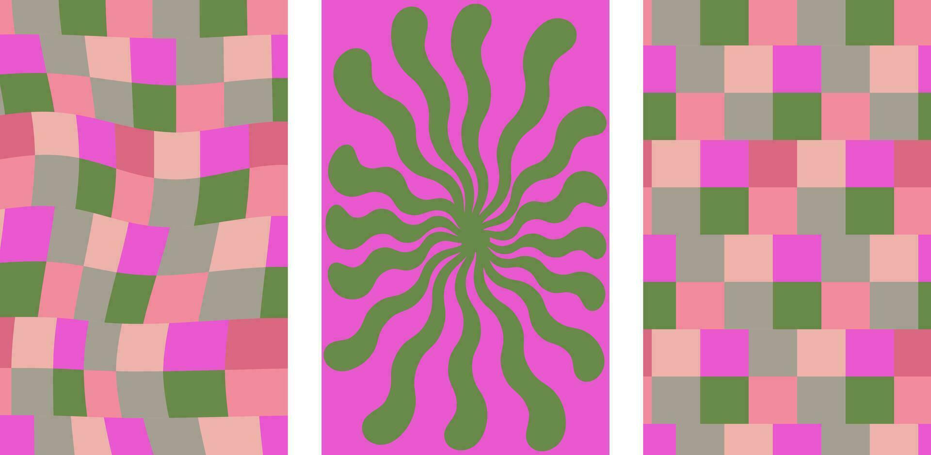 Collection of retro checkerboard backgrounds featuring vivid hues. A groovy and psychedelic chessboard backdrop inspired by the 60s and 70s. vector