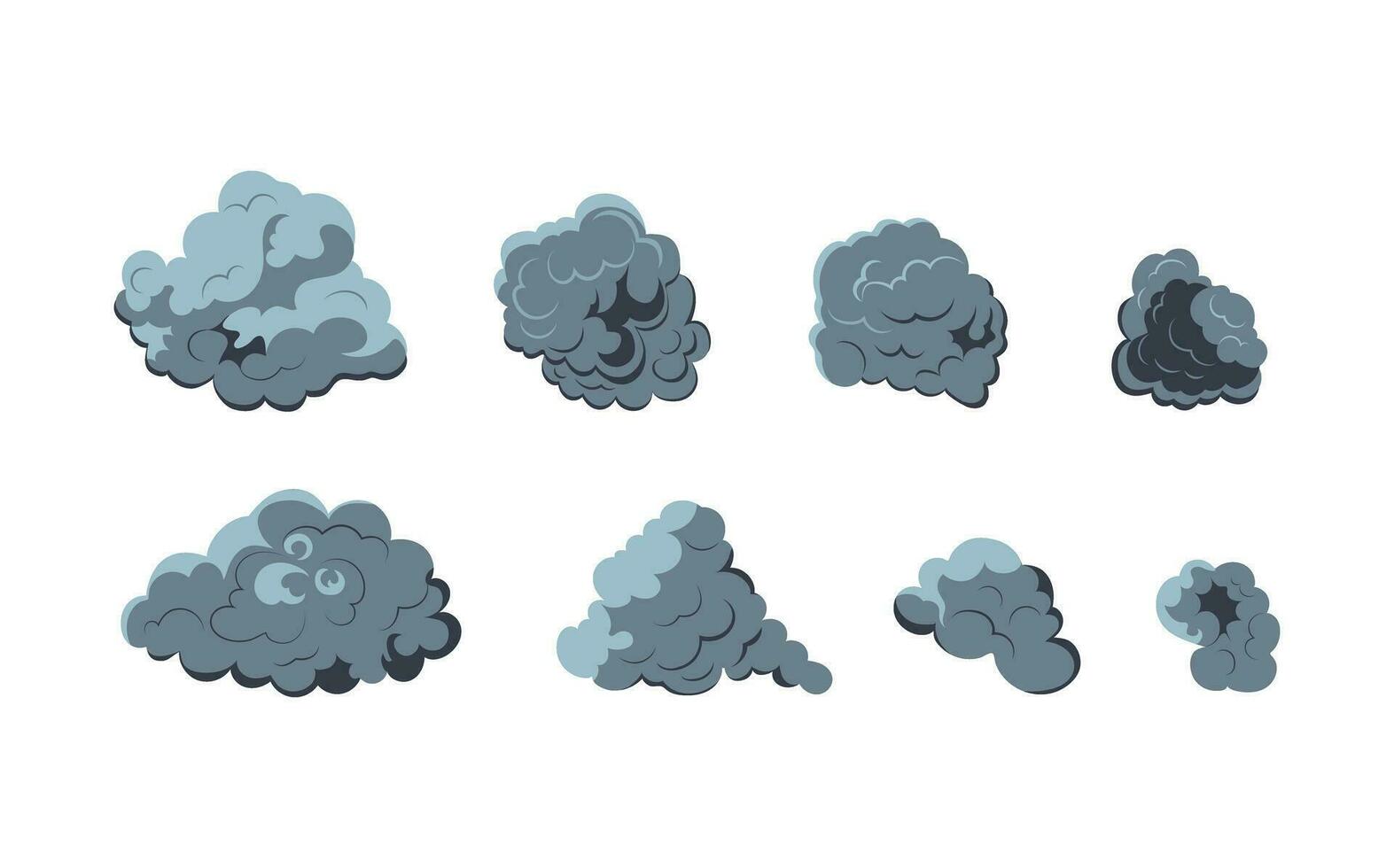 Smoke explosion animation of an explosion with comic flying clouds. Set of isolated vector illustrations to create an explosion effect. The effect of smoke movement, sparkle and dynamic boom.