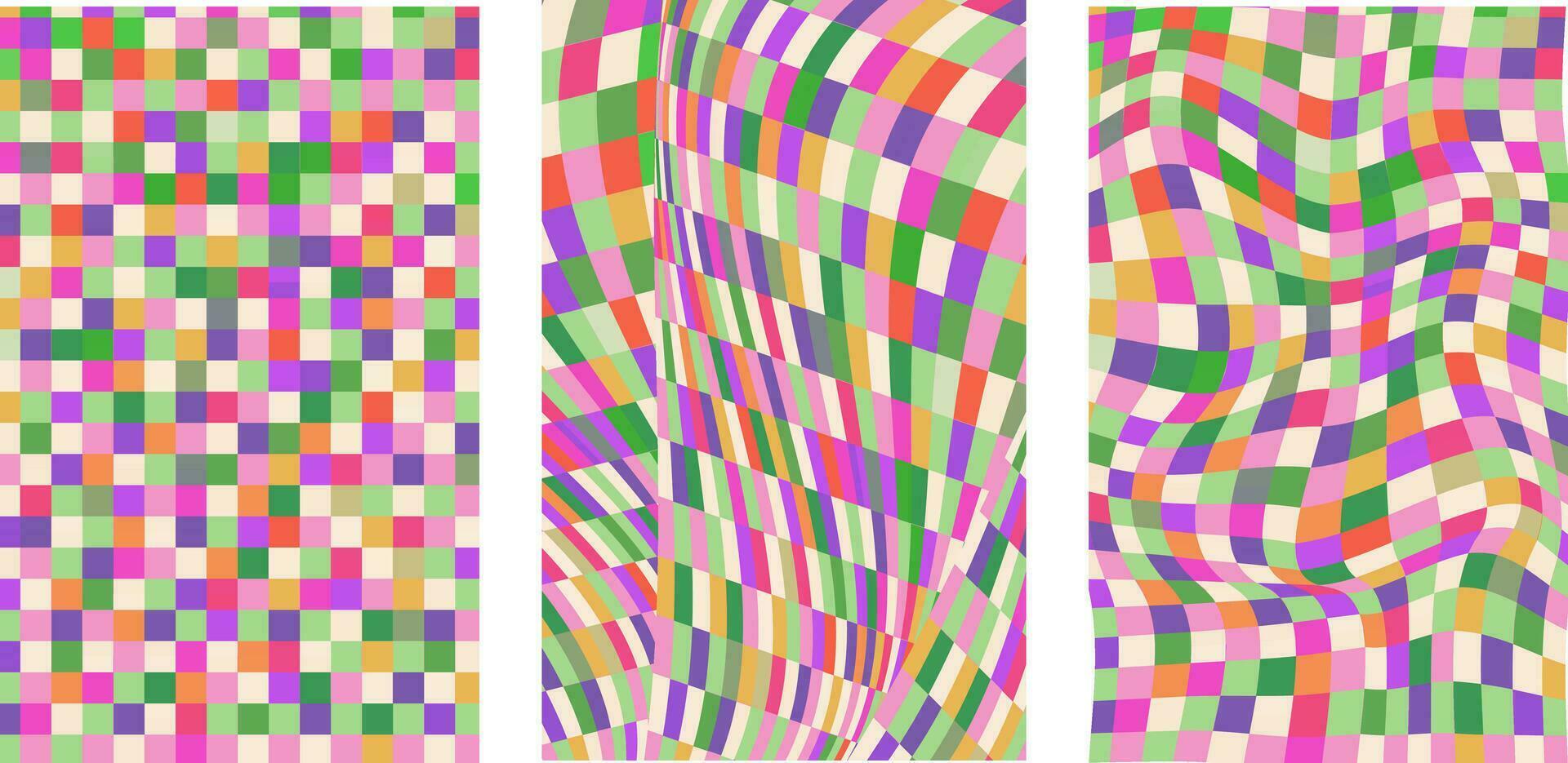 Collection of retro checkerboard backgrounds featuring vivid hues. A groovy and psychedelic chessboard backdrop inspired by the 60s and 70s. vector