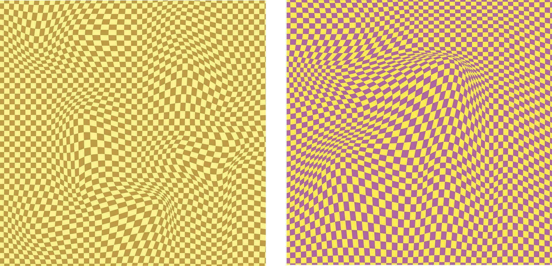 Collection of retro checkerboard backgrounds featuring vivid hues. A groovy and psychedelic chessboard backdrop inspired by the 60s and 70s. vector