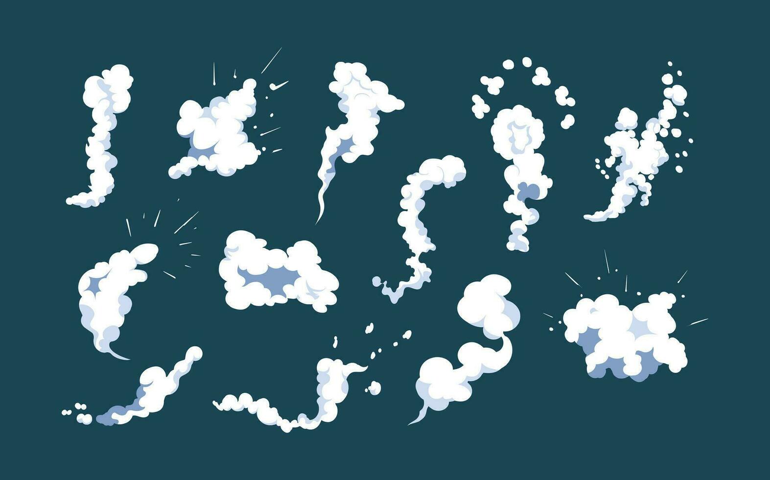 Smoke explosion animation of an explosion with comic flying clouds. Set of isolated vector illustrations to create an explosion effect. The effect of smoke movement, sparkle and dynamic boom.