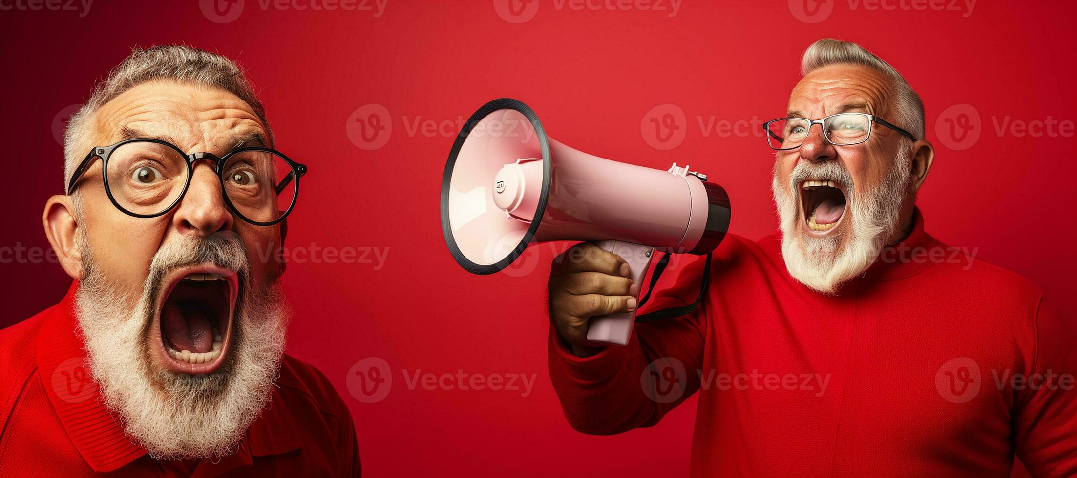 Two An Senior man shouting into a loudspeaker, isolated on a red background. Generative AI photo