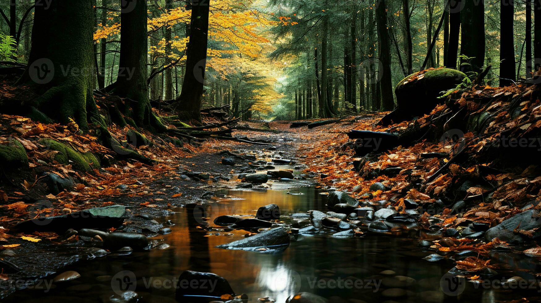 Autumn landscape, Autumn colorful forest with a small river.Generative AI photo