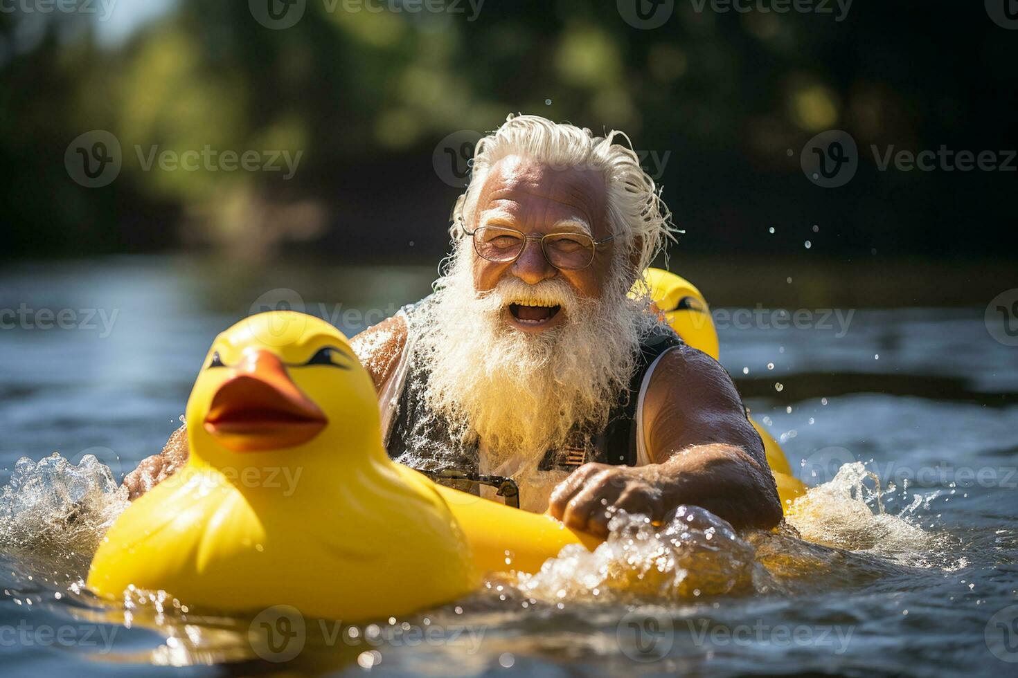 An elderly man with a smile and a gray beard on a yellow inflatable circle in the shape of a duck. Second youth.Generative AI photo