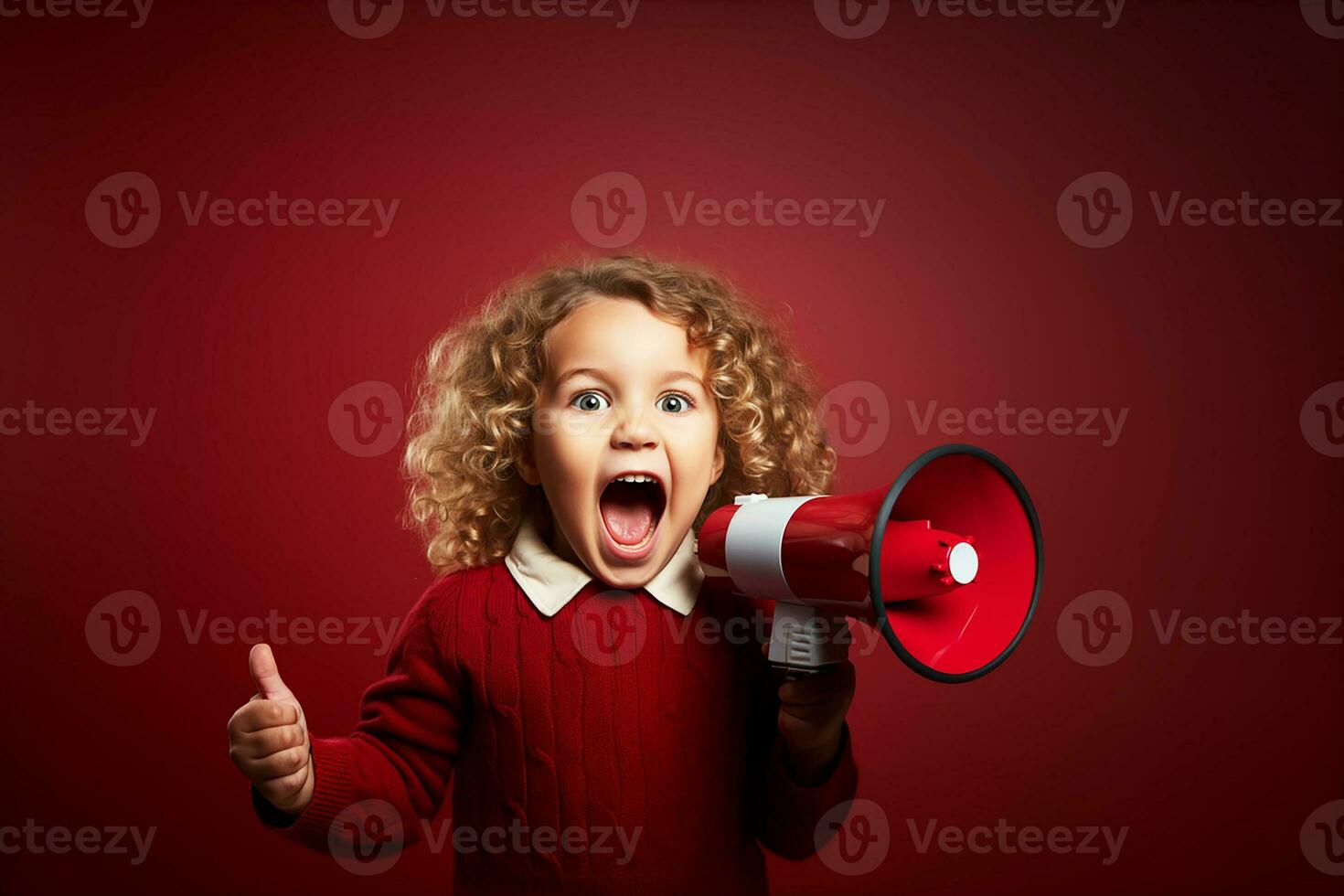 Little girl screaming into loudspeaker, isolated on red background. Copy space.Generative AI photo