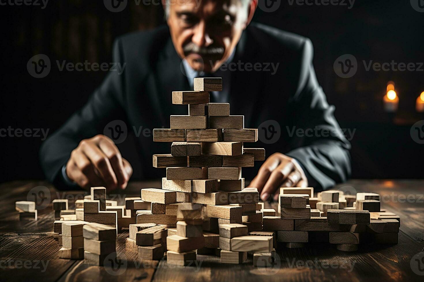 A businessman builds a pyramid, a tower of wooden cubes. Business strategy.Generative AI photo