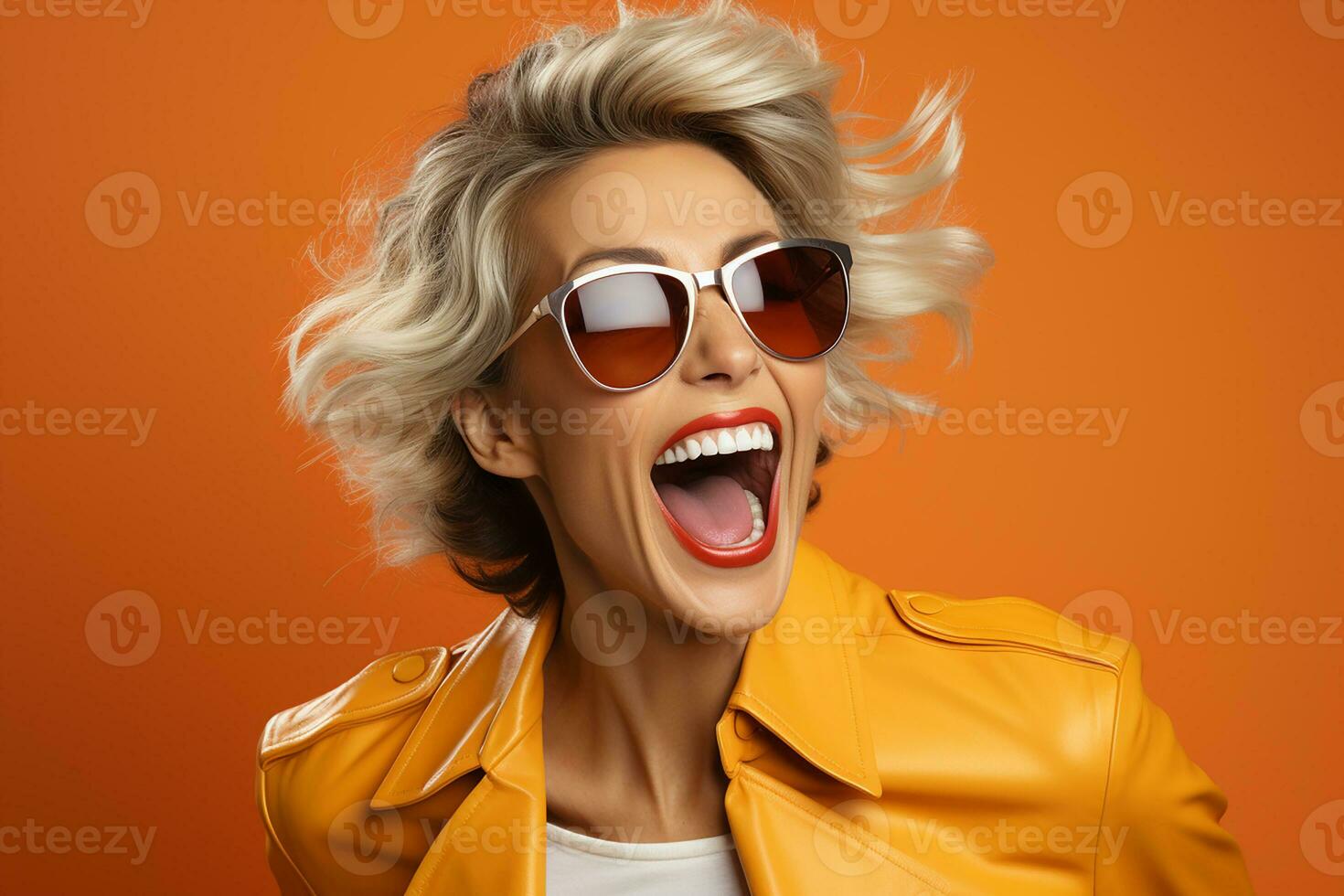 Joyful woman of mature years wearing sunglasses on orange background. Copy space.Generative AI photo