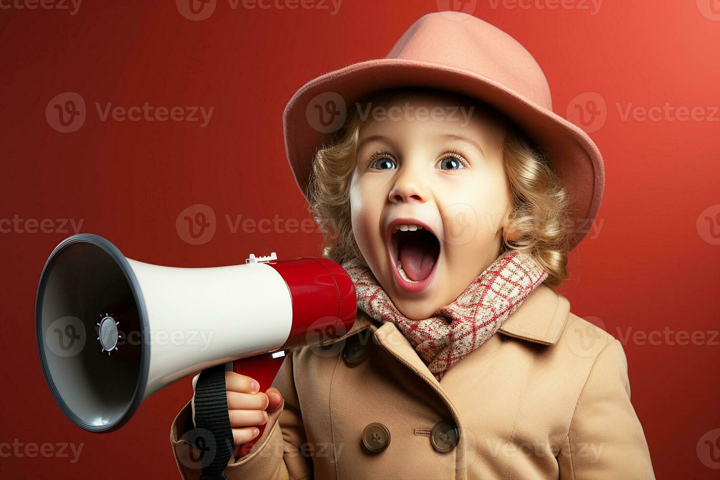 Little girl screaming into loudspeaker, isolated on red background. Copy space.Generative AI photo