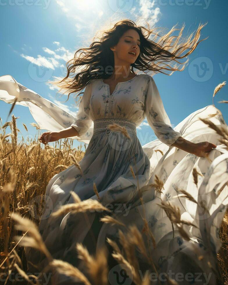 Young attractive dark-haired girl in summer dress in a field with golden ears. Harvest.Generative AI photo