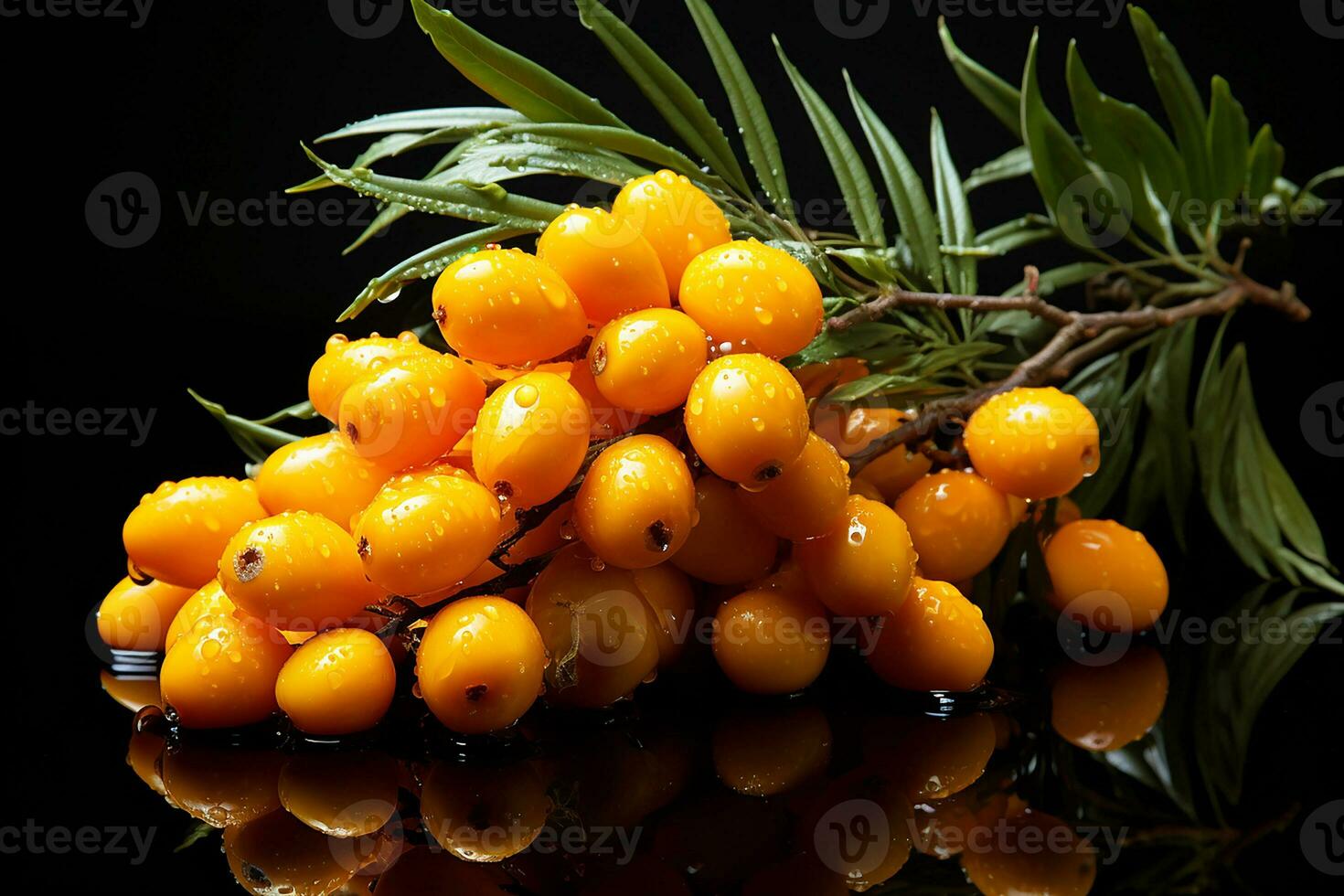 Sea buckthorn on a black background.Generative AI photo