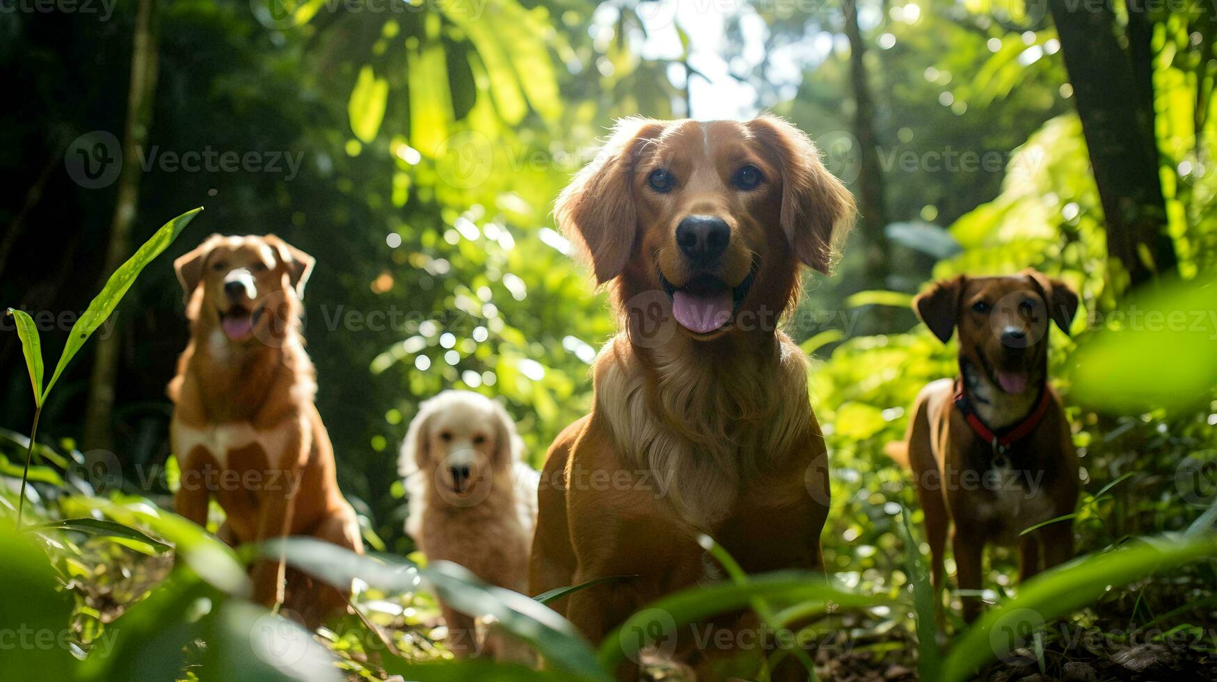 four dogs are standing in the woods  ai generative photo