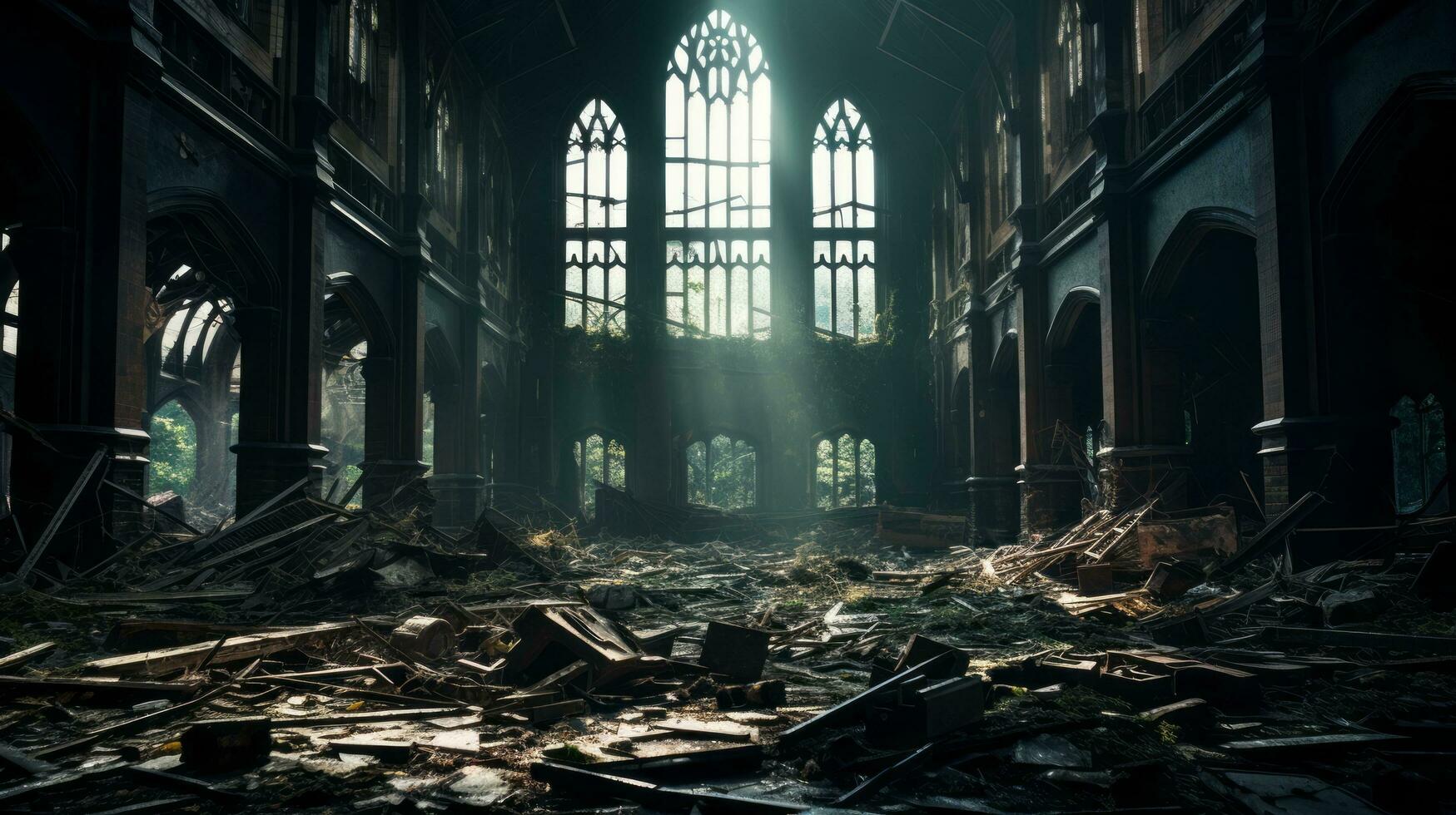 an abandoned church with broken windows and debris ai generative photo