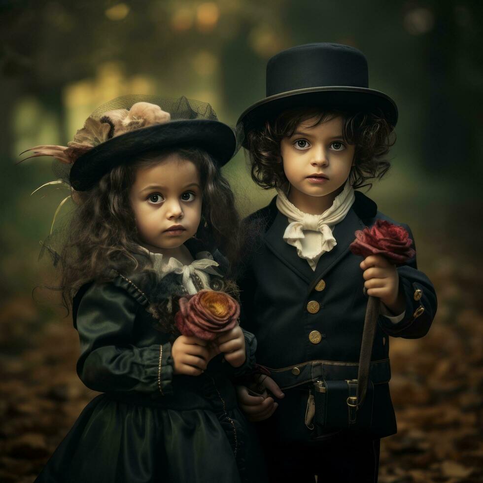two children dressed in Victorian clothing holding roses on occassion of Halloween  ai generative photo