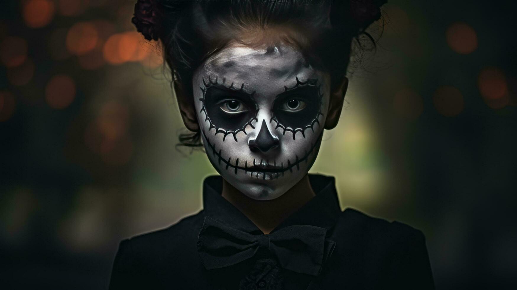 un joven niña con un cráneo cara pintar en Víspera de Todos los Santos ai generativo foto
