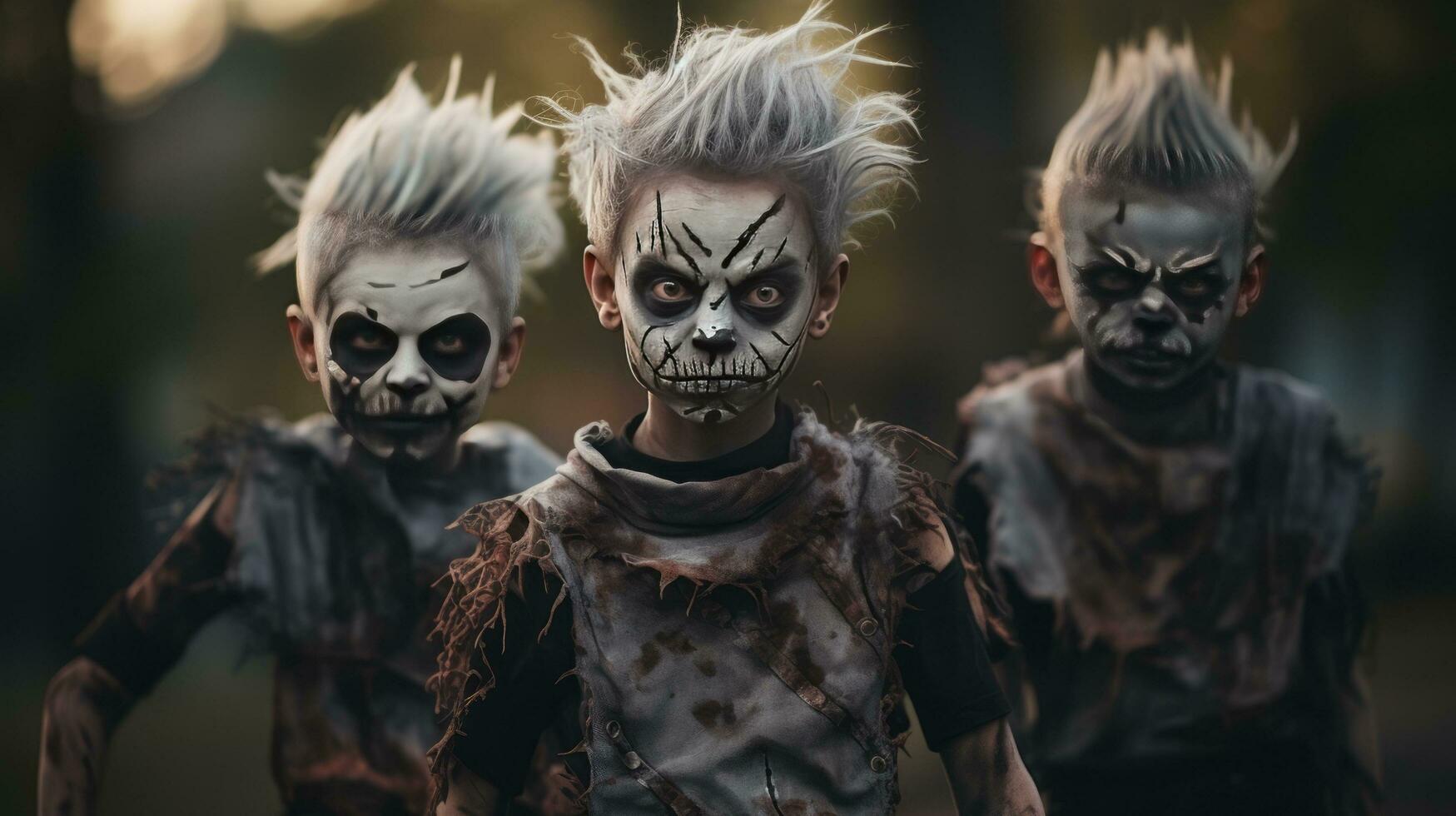 on Halloween a group of children with zombie makeup on their faces  ai generative photo