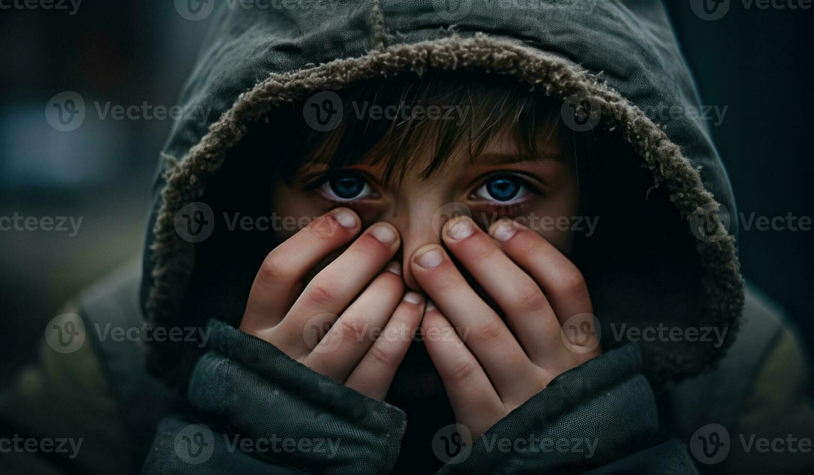 A scared immigrant boy covering his face with his hands. AI Generated photo