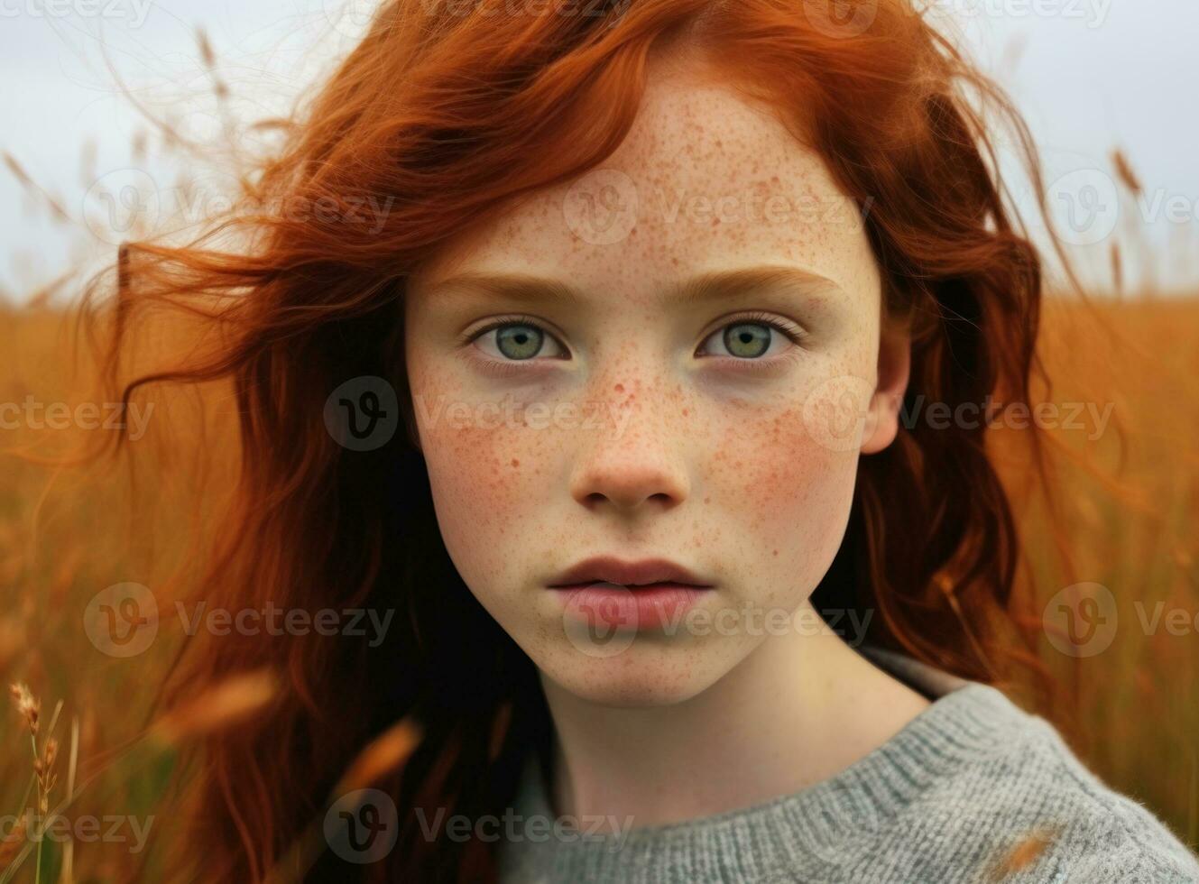 A red-haired girl with freckles on her face.  AI Generated photo