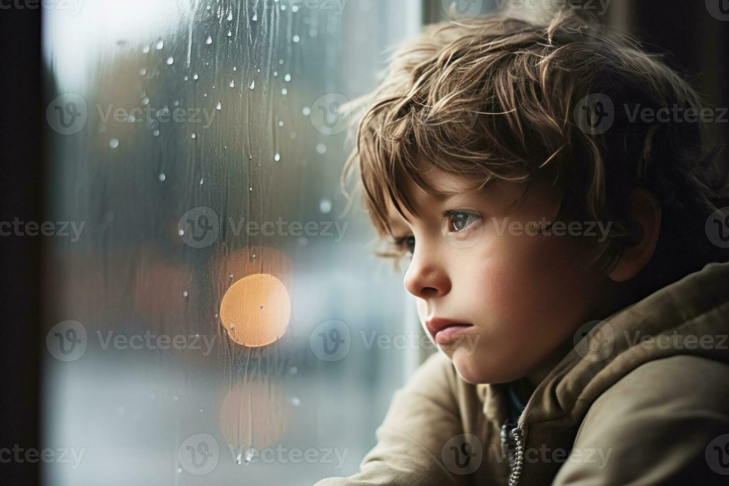 A sad little boy looking out the window on a rainy day. AI Generated photo